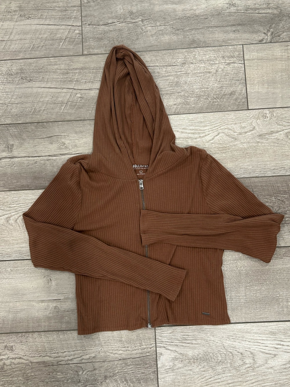 Hollister Brown Ribbed Hooded Zip Long Sleeve